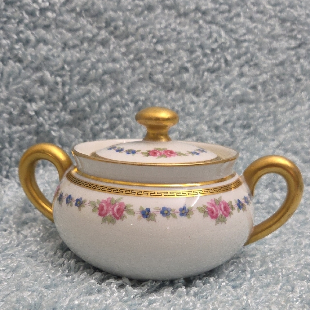 Elegant Floral Sugar Bowl with Gold Accents